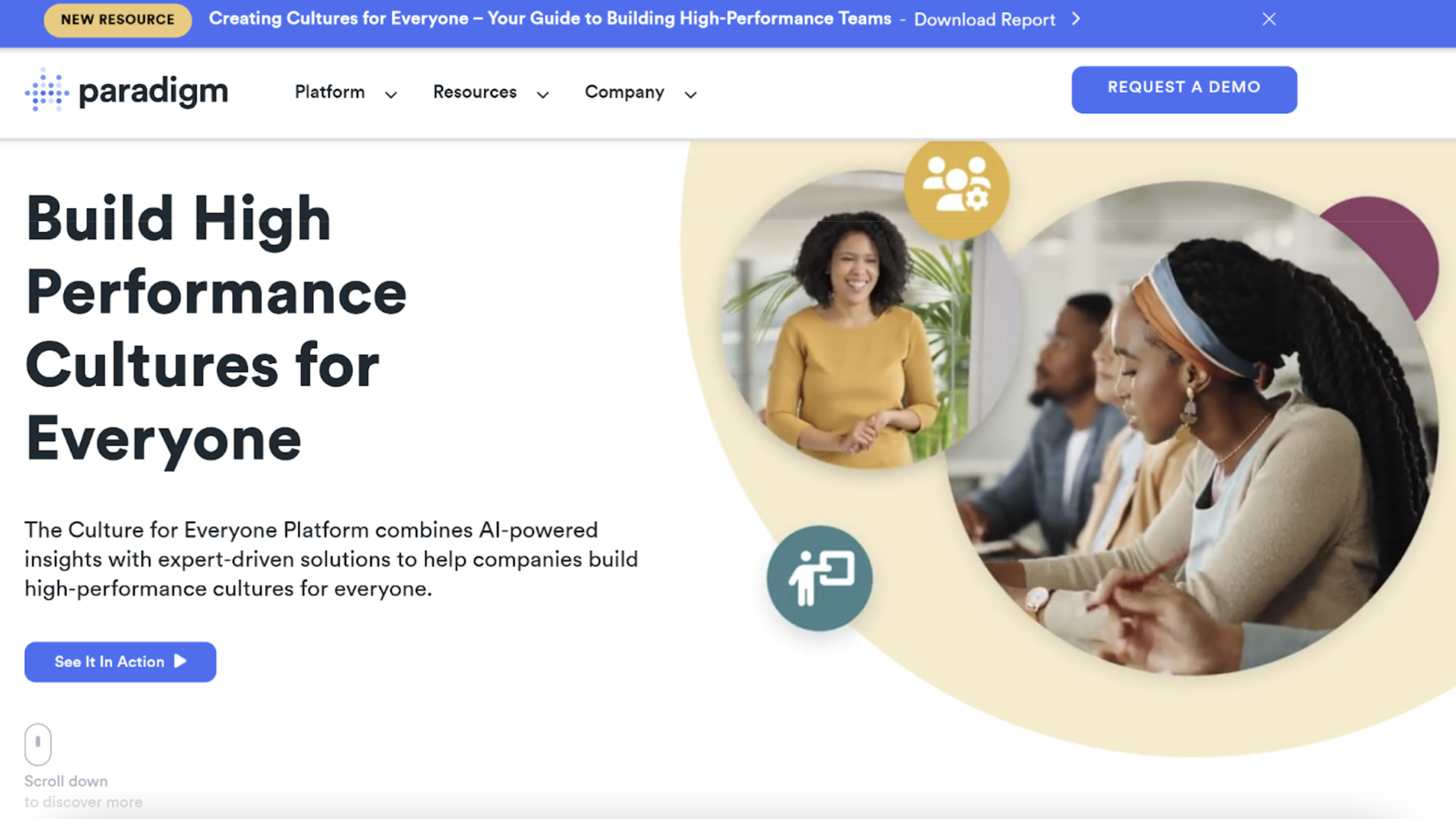 Paradigm’s home page with images of collaboration and a title that says, “Build high-performance cultures for everyone.